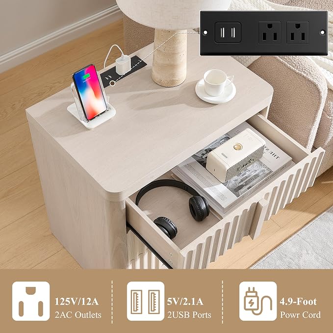 YANSNWO 23.6" Nightstand Set of 2 with Charging Station, Bedside Table with 3 Large Storage Drawers, Mid Century Modern Night Stand with Solid Wood Handle, End Table for Bedroom, Living Room - Image 5