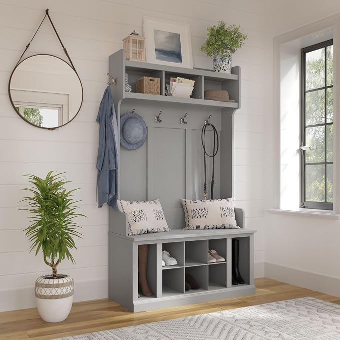 Bush Home Woodland 40W Hall Tree and Shoe Storage Bench with Shelves in Cape Cod Gray, Cubbies and Coat Hooks for Foyer, Mudroom, or Entryway - Image 2