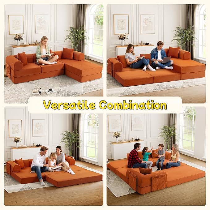 106.3" L Shape Convertible Sleeper Sofa Bed, Oversized Modular Sectional Cloud Sofa with Fixed-Shape Frame & Storage Pocket, Boneless Couch for Living Room, No Assembly Required, Orange