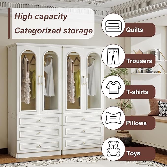Solid Wood Armoire Wardrobe Closet, 4 Door Solid Wood Wardrobe Cabinet with 2 Drawers, Armoire Closet with Hanging Rods Storing Clothes for Bedroom (White-26)