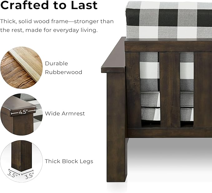Furniture of America Gavik Modern Solid Wood Arm Chair with Plaid Removable Cushions, Black and White Upholstery Fabric, Comfortable Upholstered Seating for Living Room, Guest Room, Dark Walnut