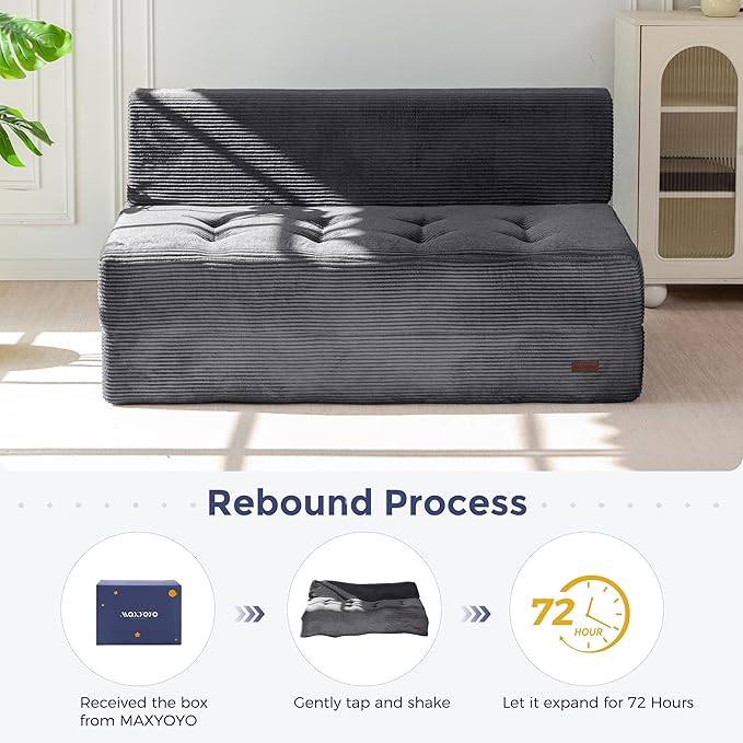 MAXYOYO 8" Folding Sofa Bed, Convertible Sleeper Sofa Lounger Foldable Mattress, Wedge Shape Floor Couch Tufted Fold Out Chair Bed Comfy Floor Couch Lounge for Living Room Bedroom, Loveseat, Dark Grey