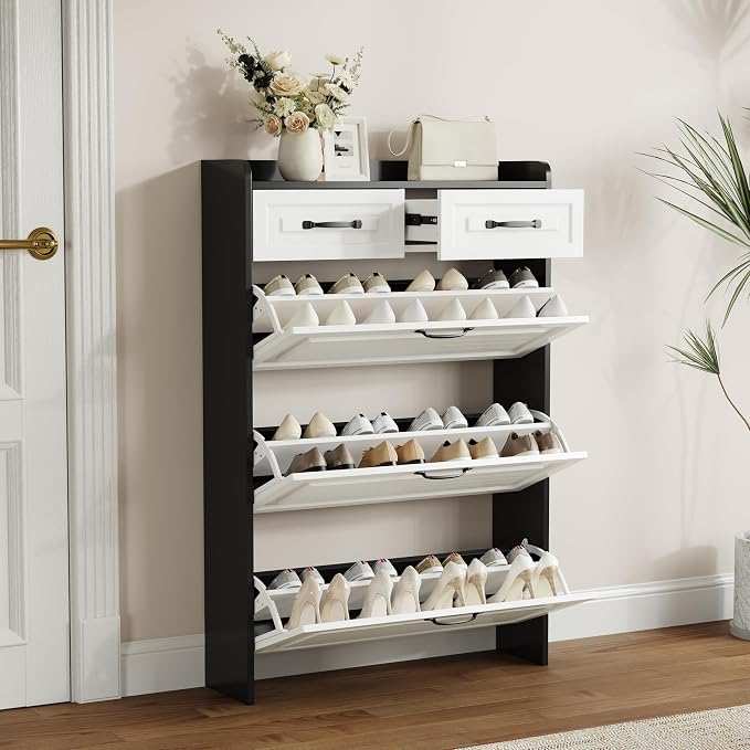 Shoe Cabinet with 3 Large Flip Drawers & 2 Storage Drawers, Narrow Shoe Organizer Cabinet Fits for Kinds of Shoes, Slim Shoe Storage Cabinet for Entryway, Hallway, Bedroom, Black and White - Image 7
