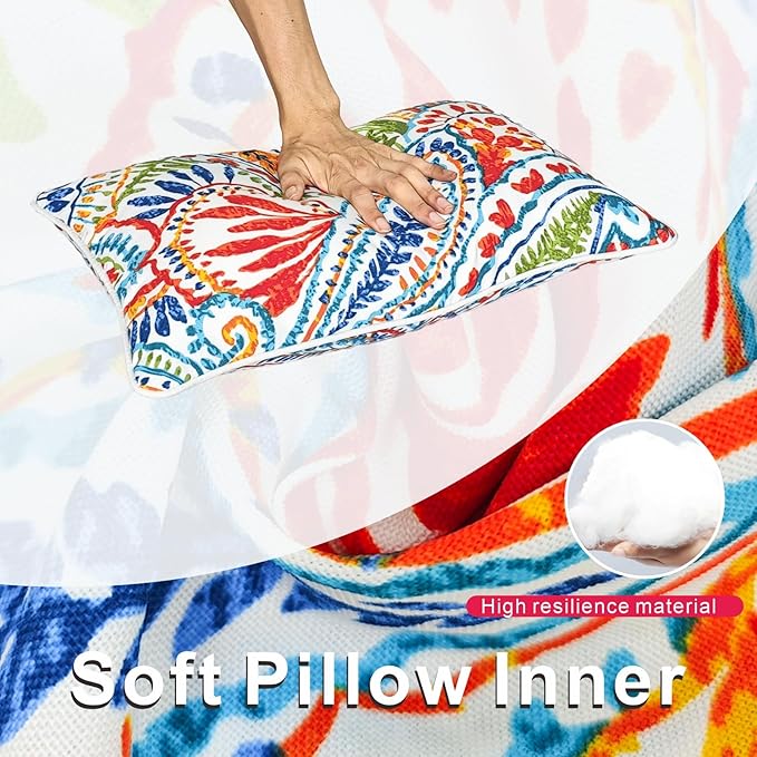 JMGBird Water-Resistant Outdoor Pillows Set of 2, 12x20 inch Durable Colorful Paisley Pattern Throw Pillows with Inserts for Patio Furniture