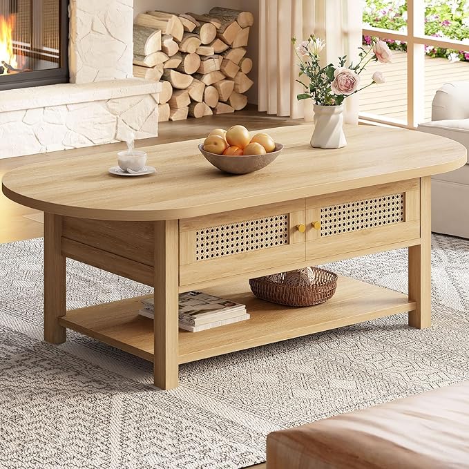 LVB Rattan Coffee Table, Boho Wood Living Room Table with Storage, Oval Modern 2-Tier Cocktail Tea Table with Doors & Open Shelf, Farmhouse Vintage Center Tables for Bedroom Office, Light Oak, 47In
