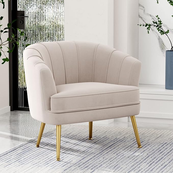 Andeworld Velvet Accent Chair, Upholstered Modern Single Sofa Side Chair,Comfy Barrel Club Living Room Armchair with Golden Metal Legs for Bedroom Living Reading Room Office, Beige
