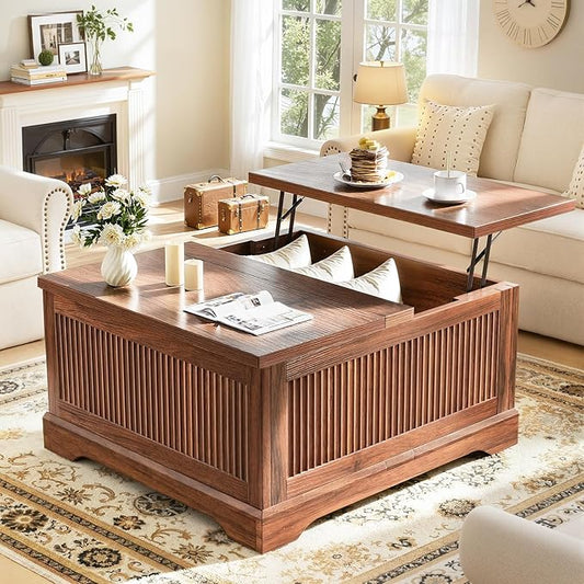 Lift Top Coffee Table with Storage, Fluted Coffee Tables with Lifting Top, Modern Farmhouse Square Center Table for Living Room, Home Office, with Hidden Compartment, Flip-Up Lids, Walnut