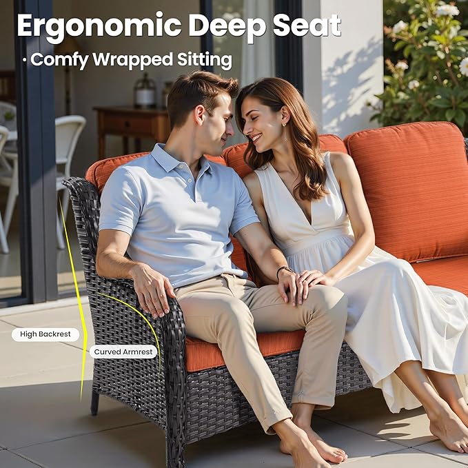 ovios 5-Piece Patio Furniture Set with Swivel Chairs Coffee Table, Outdoor Wicker Sofa with 42" Fire Pit Table, High Back Couch Modern Conversation Sets, Brown/Orange Red