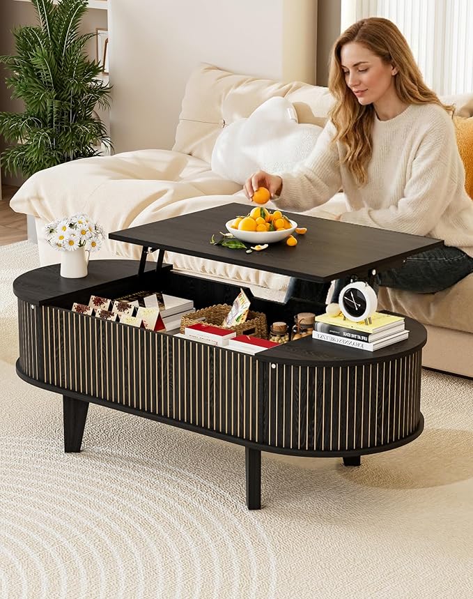 Oval Lift Top Coffee Table with Storage, Fluted 47" Wood Mid Century Modern Coffee Table for Living Room, Black