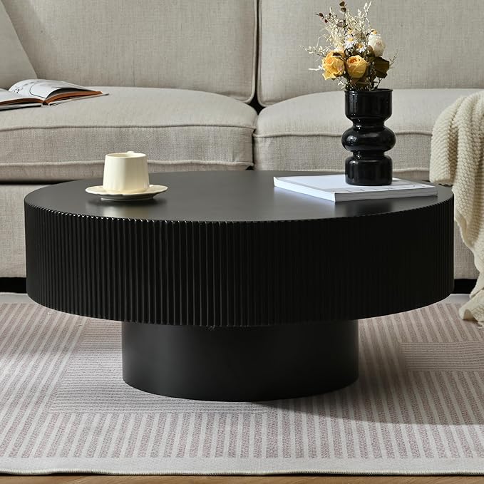 Merax 31 Inch Modern Round Coffee Table with Sturdy Base, Wood Center Tables for Living Room Reception Room, Easy Assemble, Black