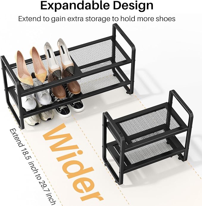 SNTD Shoe Rack - Expandable Shoe Organizer for Closet, Adjustable Metal Shoe Shelf Storage, Stackable Long Shoe Stand Holder for Garage, Entryway, Door Entrance (Black, 2-Tier) - Image 4
