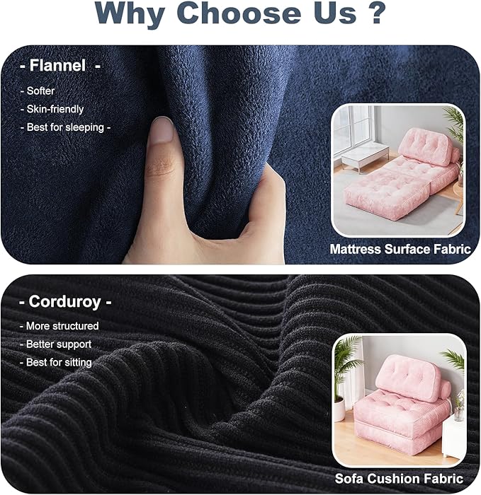 Folding Sofa Bed, Flannel Futon Couch Bed with Pillow and Blanket, Convertible Sleeper Chair for Living Room Bedroom, Pink