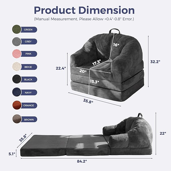 MAXYOYO Folding Sofa Bed with Backrest, Boneless Fold Out Couch Bed with Handle, 2 in 1 Convertible Bean Bag Chair to Floor Sofa Lounger, Comfy Folding Couch for Bedroom & Living Room, Dark Grey