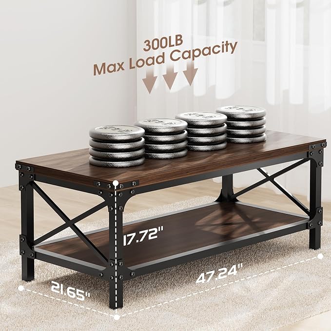 Rectangle Coffee Tables for Living Room, Wood Rectangular Coffee Table, 2 Tier Dark Brown Modern Center Table with Thickened Tabletop and Metal Frame, 47 inch Long (Walnut)