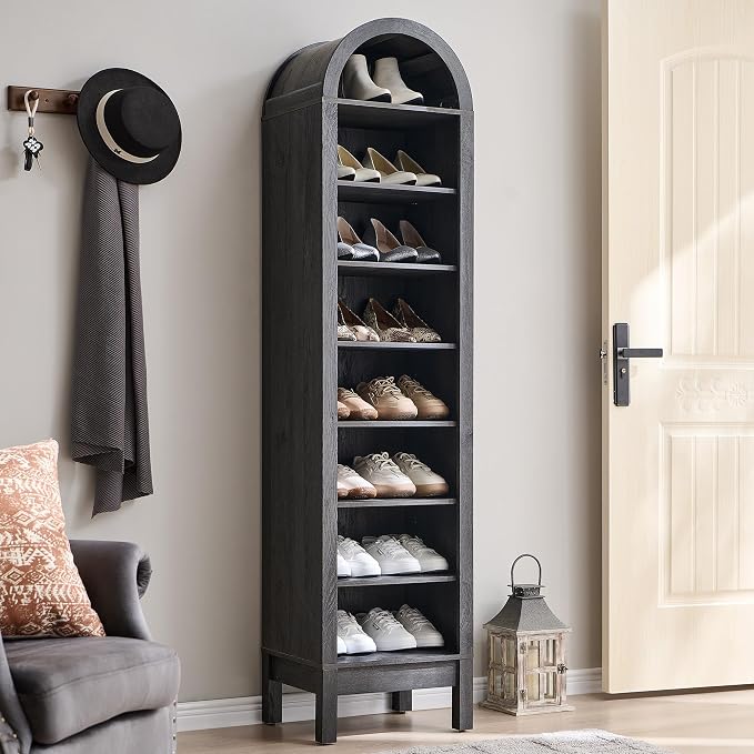 IFGET 71" Tall Arched Shoe Storage Cabinet, 8 Tiers 16 Pairs Wooden Shoe Rack with 3 Adjustable Shelves, Freestanding Shoe Closet Shelf Organizer for Entryway, Hallway, Living Room (Dark Grey) by IFGETEnrichYourLivingSpace