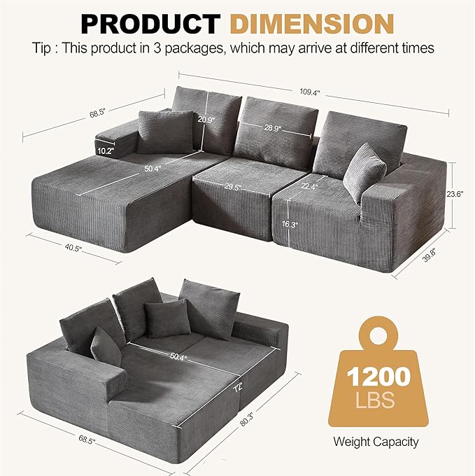 109.4" Oversized Modular Sectional Sofa with Chaise, Convertible L Shaped Cloud Couch with Deep Seat, 35D Full Foam Compressed Boneless Couches for Living Room, Bedroom, Office, No Assembly Required