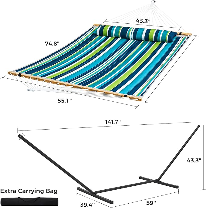 SUPERJARE Hammock with Stand, 2 Person Quilted Outdoor Hammock, Detachable Pillow & Bamboo Spreaders, Portable Hammock with Carrying Bag, Heavy Duty Stand, Perfect for Outside, Patio, Dark Cyan - Image 8