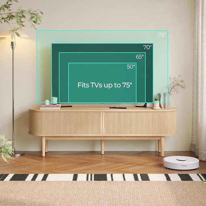 LINSY HOME Fluted TV Stand for 75" TV, Mid-Century Modern 70" Entertainment Center with Sliding Tambour Door and Storage Cabinet, Cruved TV Media Console Table for Living Room, Bedroom, Oak - Image 2