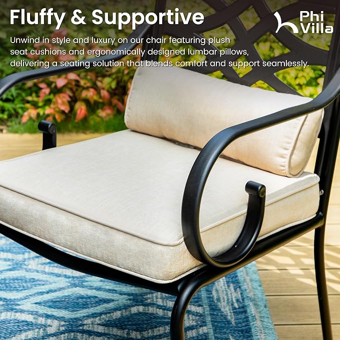 PHI VILLA 9 Pieces Outdoor Dining Set for 8, 60" Square Black Metal Table with Umbrella Hole & Wrought Iron Chairs, Large All Weather Outside Furniture with Cushions & Pillows for Patio, Porch, Deck - Image 4