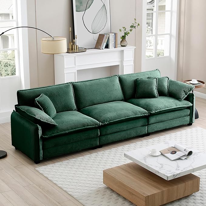 KEIKI 115" Oversized Corduroy Modular Sectional Cloud Sofa with High-Density Foam Cushions, Removable Armrests, Upholstered Modern 3-Seater Fluffy Corner Couch with 5 Pillow, for Living Room, Green