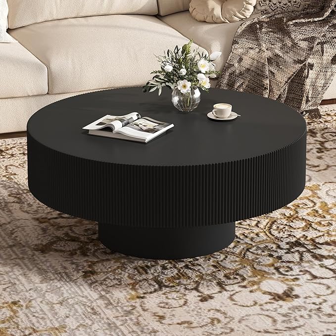 Merax Modern 35.4 Inch Round Large Coffee Table with Sturdy Base, Wood Center Table with 6.8" Thick Tabletop for Living Room Reception Room, Easy Assemble, Black