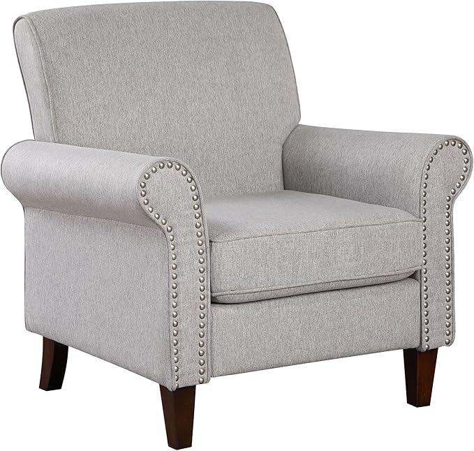 Prilinex Upholstered Living Room Chair - Large Comfy Fabric Accent Chair Single Sofa with Cushion, Rolled Armrest & Nailhead Trim, Mid Century Modern Armchair for Bedroom, Office, Grey