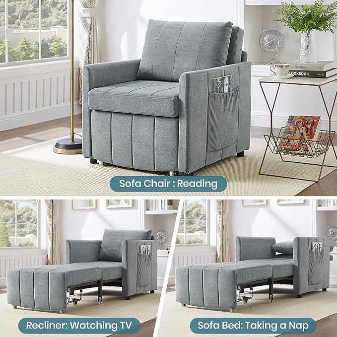 Ball & Cast 31.5" Convertible Pull-Out Sleeper Sofa Bed,Chenille Upholstered Pull Out Couch Chair,3 in 1 Single Sofa Chair W/Storage Basket and Side Pocket,Recliner Chaise Lounge for Living Room,Grey