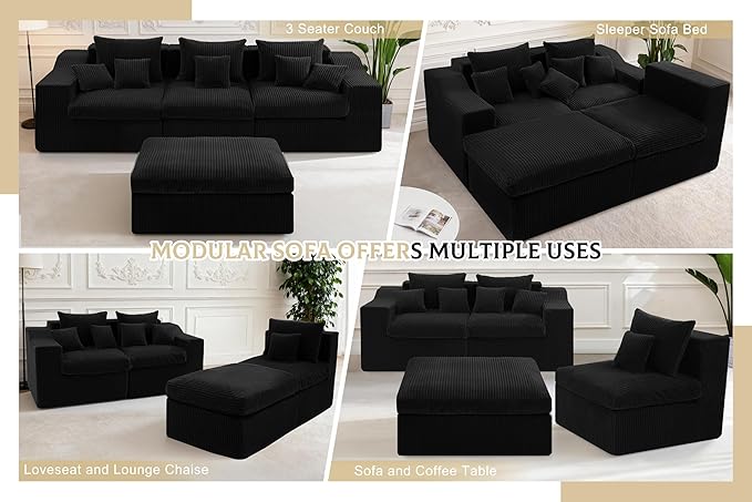 101" Modular Couch Sectionals with Ottoman, Big Comfy Cloud Couches, L Shaped 4 Seat Modular Sectional Sofa, Sectional Double Cushion Couches with Deep Seat for Living Room,No Assembly Required(Black)