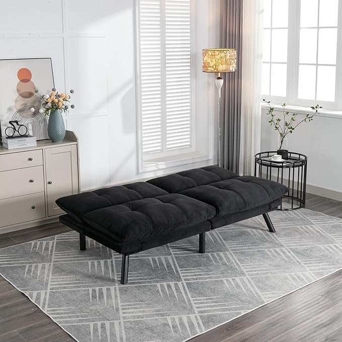 Ball & Cast 71" Futon Sofa Bed, Mordern Upholstered 2 Seater Couch with Adjustable Backrest,Folding Loveseat with Metal Legs for Living Room,Office,Black
