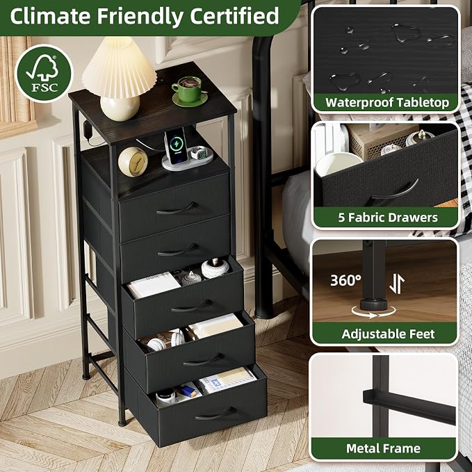 Somdot Black Nightstand with Charging Station and LED Light for Bedroom, Tall 5 Drawers Dresser with Fabric Bins for Bedside Kids Dorm Room Closet Laundry Entryway, Black - Image 6
