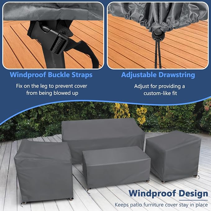 STARTWO Outdoor Furniture Cover Waterproof, 4 Piece Patio Furniture Set Cover for Outside Couch, Lawn Chairs, Coffee Table, Windproof with Buckle Strap, Grey - Image 5