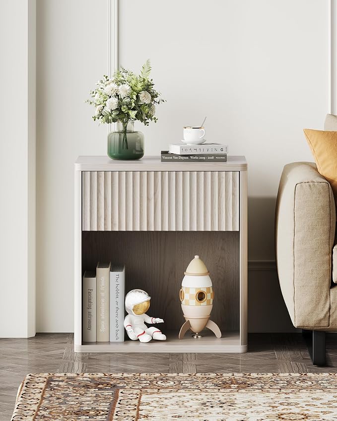 WLIVE Night Stand, Wood Nightstand with Storage Drawer and Open Shelf, Fluted Bedroom Nighstand, Mid Century Bed Side Table, End Tables Living Room, Dorm, Home Office, White Alder - Image 6