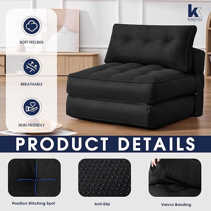 KINGYES Folding Chair Bed, 3 in 1 Convertible Sleeper Chair with Pillow, Foldable Futon Chair for Living Room, Black