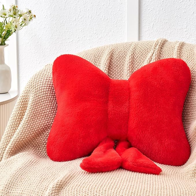 Red Bow Pillow,16'' Bow Decorative Pillows with Faux Rabbit Fur,Soft Bow Throw Pillows Aesthetic Bow Shaped Pillow for Bed Sofa Couch Home Decor