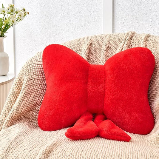 Red Bow Pillow,16'' Bow Decorative Pillows with Faux Rabbit Fur,Soft Bow Throw Pillows Aesthetic Bow Shaped Pillow for Bed Sofa Couch Home Decor