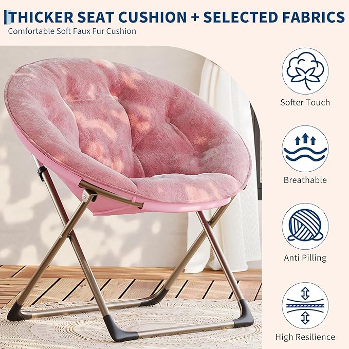 GAOMON Saucer Chair, Comfy Chair Faux Fur Lounge Moon Chair with Folding Metal Frame, Oversized Plush Flower Accent Seat for Adults, Teens & Kids, for Teens, Bedroom, Dorm or Living Room, Rose Pink