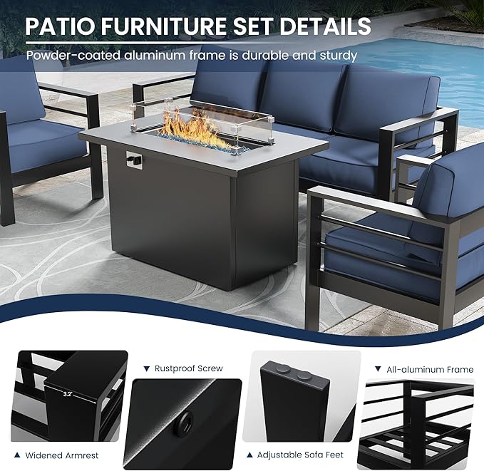 Amopatio Patio Furniture with Fire Pit, 6 Pcs Aluminum Outdoor Sectional Metal Patio Sofa Sets with Aluminum Fire Pit Table for Backyard,Dark Grey&Blue(Included Waterproof Covers)