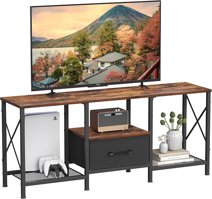 JARHETUN TV Stand with Fabric Drawer, Entertainment Center for 50 55 Inch TV, Industrial TV Console Table with Open Storage Shelves for Living Room, Bedroom, Rustic Brown by JARHETUN