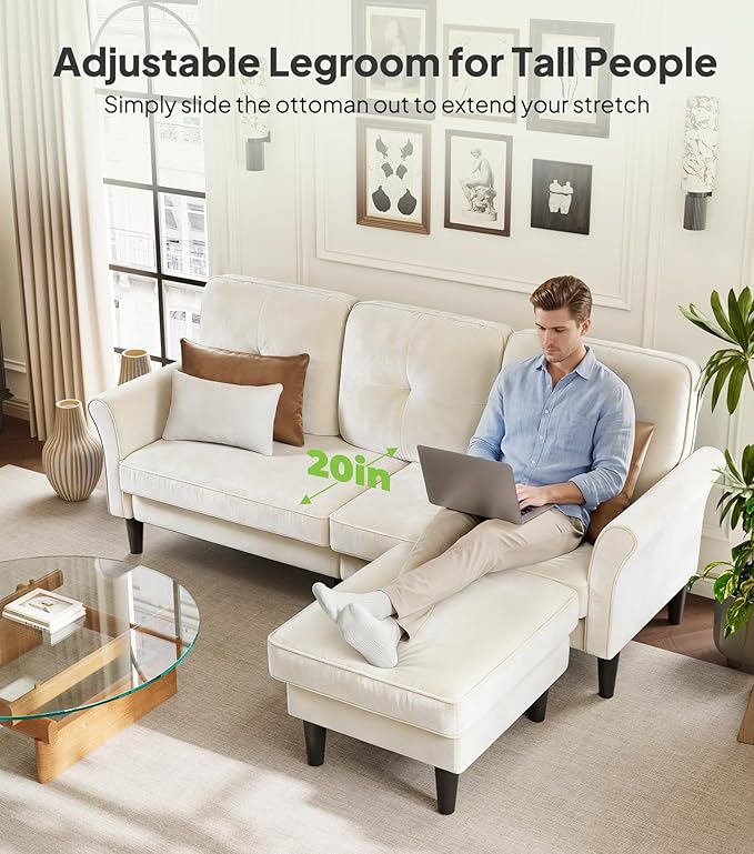 Sofas for Living Room, 83" Velvet Sectional Couch with Moveable Ottoman, Midcentury Modern Small Sectional Couch, L Shape Sofa & 2 Seater, Couches for Living Room, Apartment, Bedroom