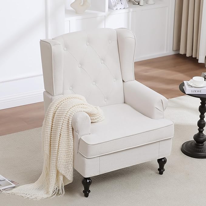 Accent Chair for Living Room, Mid Century Modern Upholstered Armchair, Wingback Chair with Tufted High Back and Solid Legs, Comfy Side Chairs Single Sofa for Bedroom, Beige