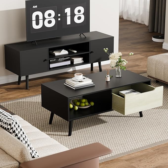 Cozy Castle Modern Coffee Table, Wooden Cocktail Table with Storage, Minimalist Hallway Table, Mid Century Modern Coffee Table for Living Room Apartment Reception, Black