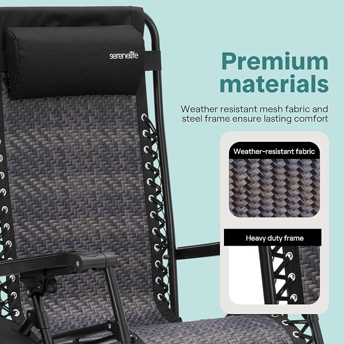 SereneLife Zero Gravity Lounge Chair Set of 2 – Outdoor Reclining Patio Chairs with Rattan Side Table, Cup Holder & Pillow Foldable Lawn Chairs for Patio Furniture, Garden, Beach, or Indoor Relaxation - Image 7
