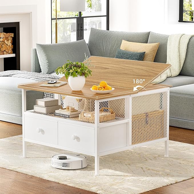 FABATO Flip Top Coffee Table, Square Coffee Table Metal Wood, Farmhouse Lift Up Coffee Tables Cocktail Table with Wire Mesh Barn Door and Storage, Steel Frame, Small Tea Table for Living Room, White