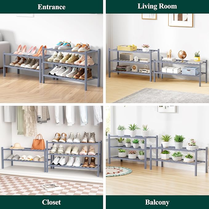 Smiry Bamboo Shoe Rack for Closet, 3 Tier Small Wooden Stackable Shoe Organizer, Free Standing Shoes Storage Shelf for Entryway, Front Door Entrance, Grey - Image 4