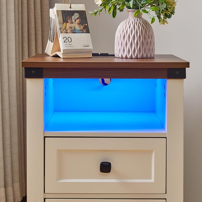 Ball & Cast 24” Farmhouse Night Stand with Charging Station,Wood Nightstand with 2 Drawers,Bedside Tables with USB Ports & Outlets,End Table with Open Shelf for Living Room/Bedroom,White +Walnut - Image 4
