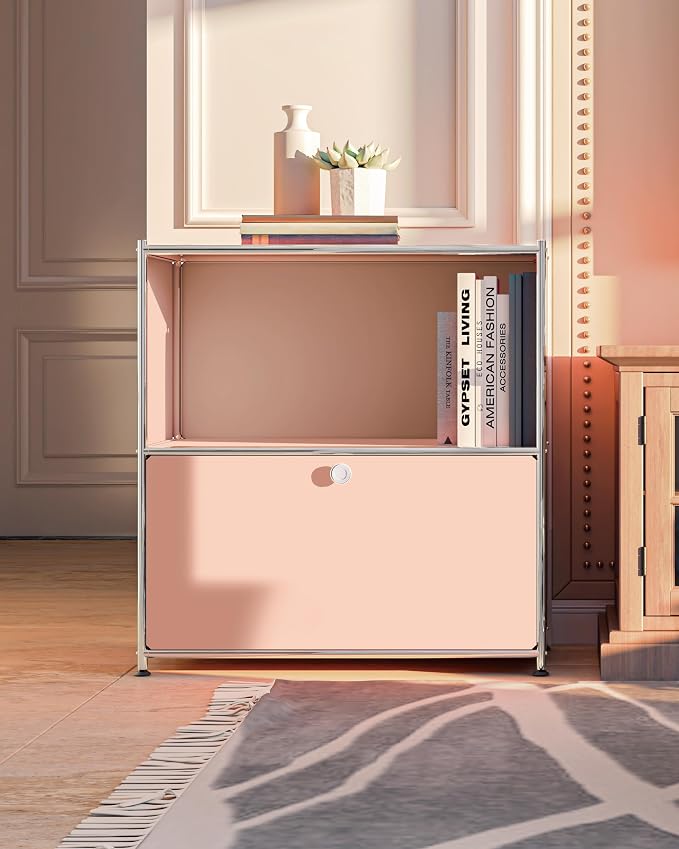 32.5-Inch Flip-Top Side Table & Buffet Cabinet with Detachable Wheels, Ample Storage, DIY Corner Bookshelf, Wall Shelf, Cube Organizer, Bedside Table – Modern Home Decor, Pink - Image 7