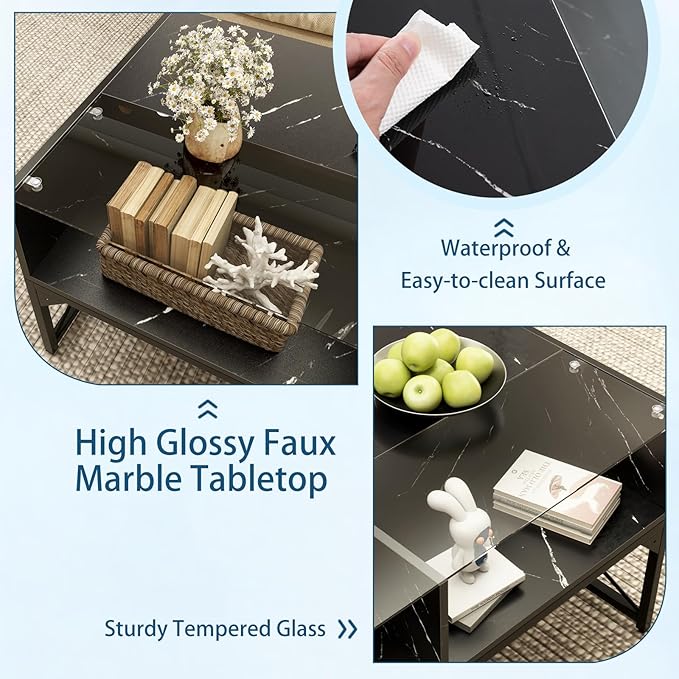 Tangkula LED Coffee Table, High Glossy Center Table with 4 Storage Cubes, Faux Marble & Tempered Glass Top, Adjustable Light Colors, Remote Control, Modern Cocktail Table for Living Room (Black)
