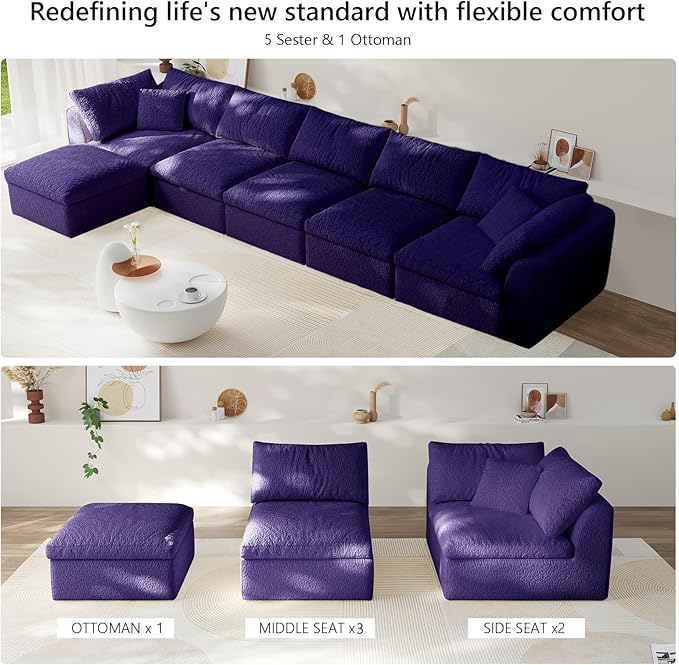 Modular Sectional Sofa Boneless Cloud Couch for Living Room, L Shape Deep Seat Recliner Sofa with Ottoman, Adjustable Backrest & 2 Throw Pillows - Covers Washable, (Purple, 5 Seater+1 Ottoman)
