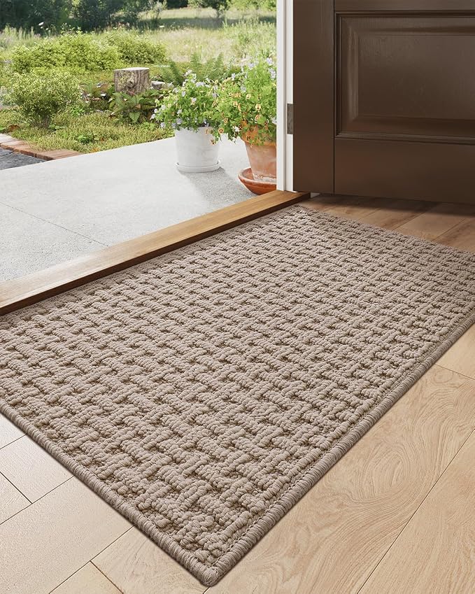 DEXI Front Entryway Door Mat Non Slip 17x30, Washable Entry Way Mats Inside Entrance Low Profile, Welcome Doormat Dirt Trapper for House Floor Home Porter Hall Backdoor Area, Light Taupe by DEXI