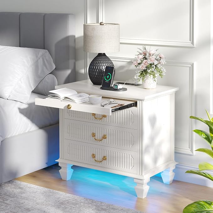 25.6'' Wide Bedside Table with 3 Drawers & Pull-out Tray, Smart Night Stand with Outlet & Charger Station, Large Nightstand with 3-color LED Lights, Farmhouse Solid Wood Leg for Bedroom, Antique White by FREDEES